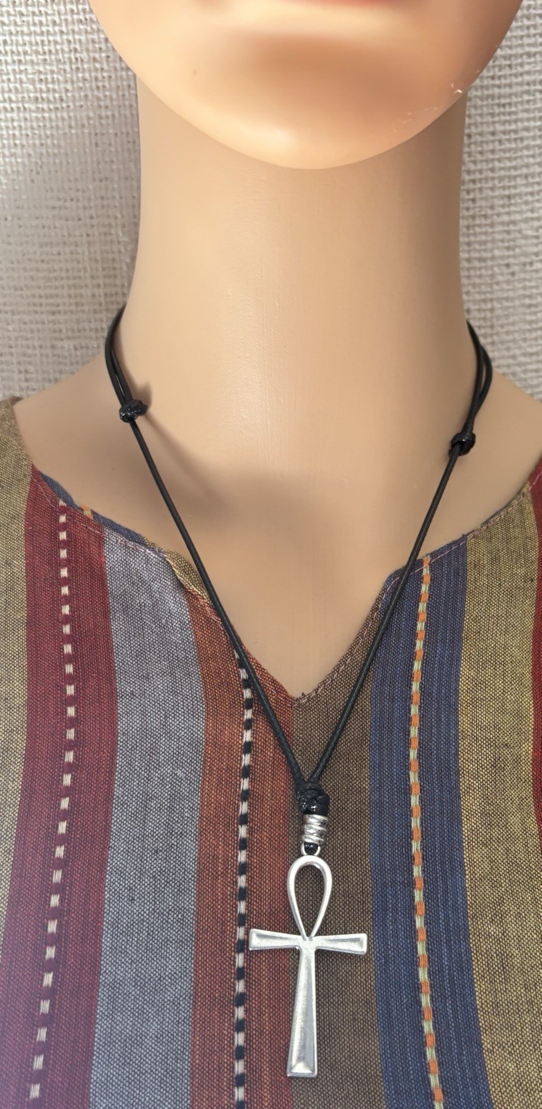 Ankh Cross Charm Pendant Black Cord Necklace Religious Theme Adjustable