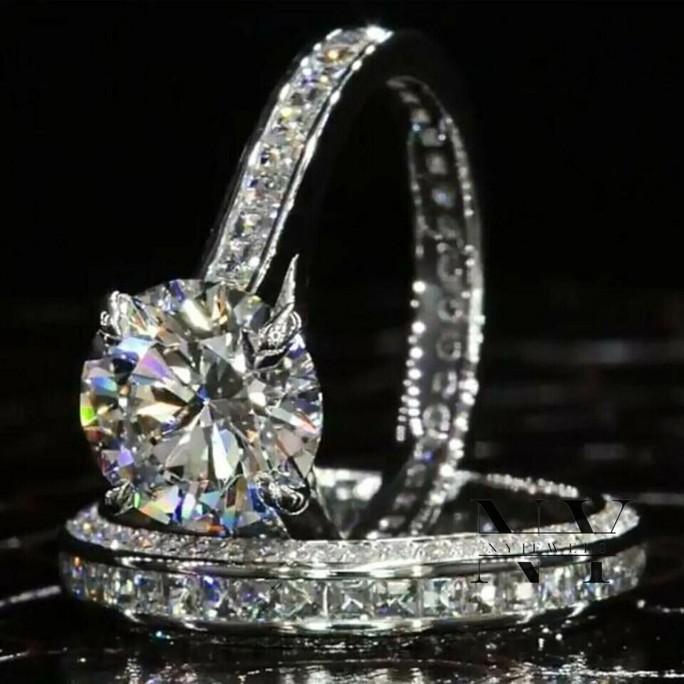 3 Ct Round Cut Moissanite Bridal Set Engagement Ring Solid 14K White Gold Plated