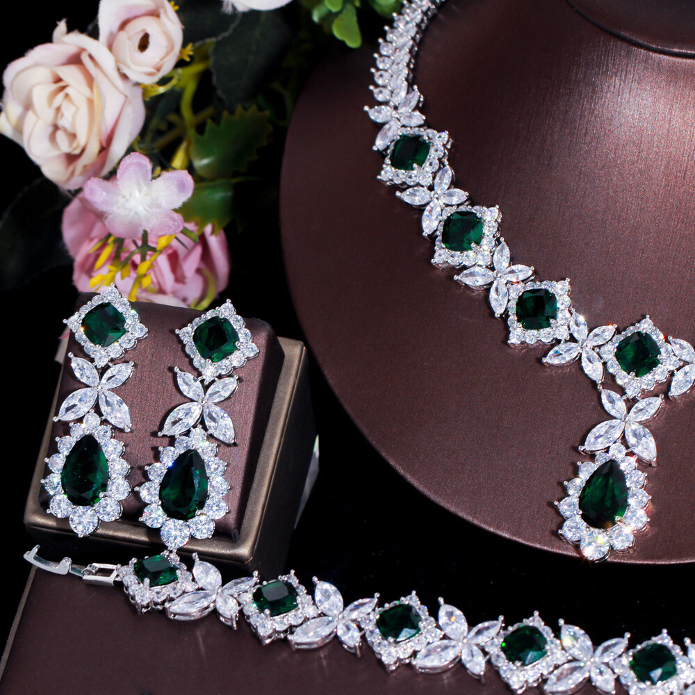 Green CZ Women Engagement Leaf Drop Necklace Earring Bracelet Ring Jewellery Set