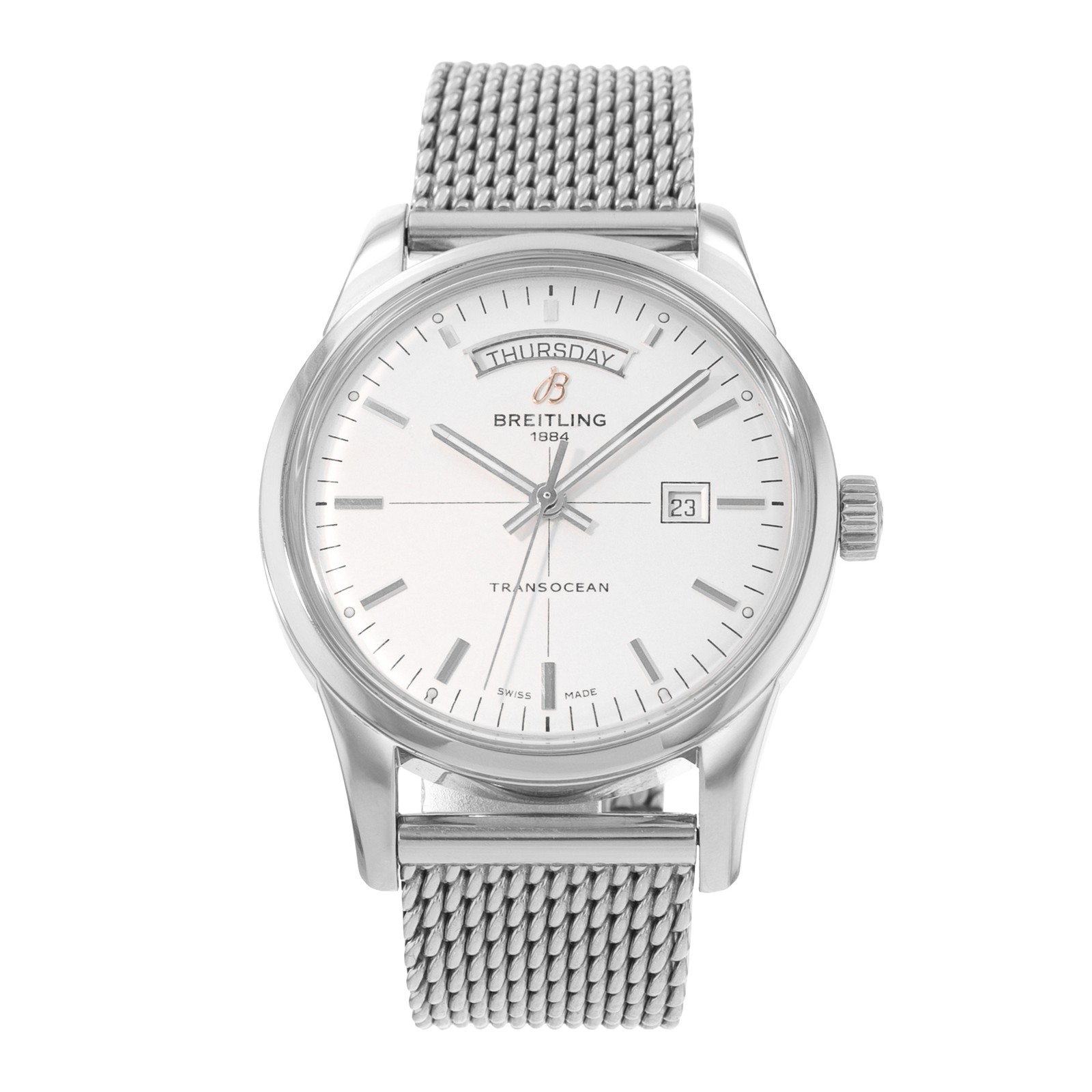 Breitling Transocean Day & Date A45310 43mm Silver Dial Steel Mens Watch 2015