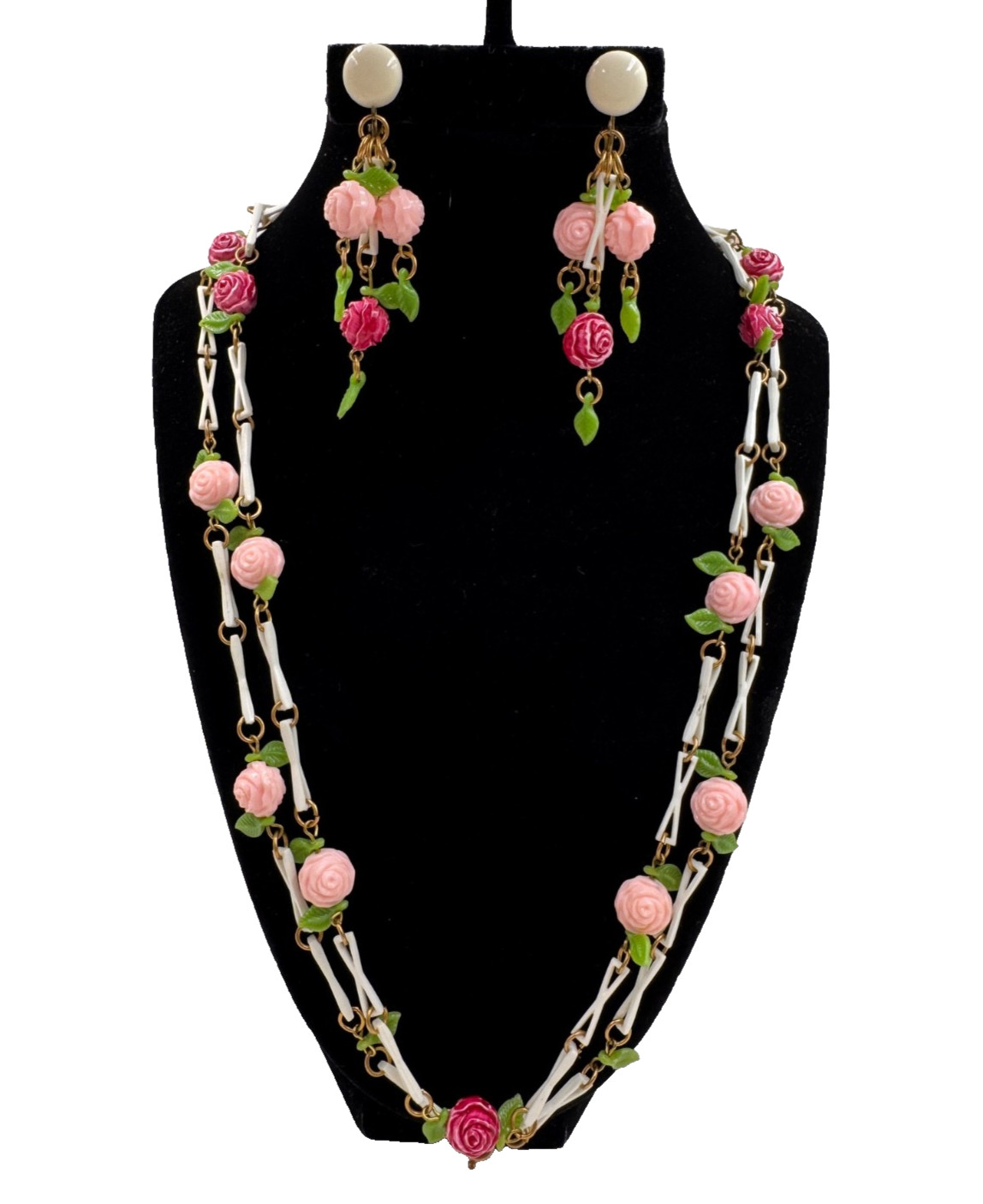 GERMANY SIGNED PRE-WWII SET CLIP EARRINGS EXTRA LONG SAUTOIR NECKLACE 45″ ROSES