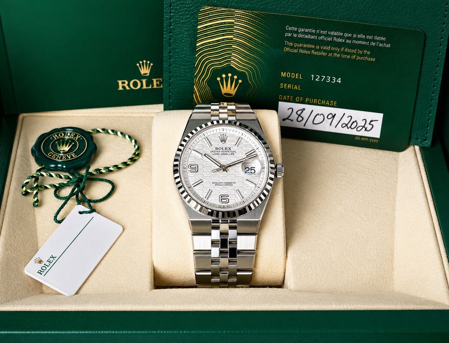 2025 Rolex Land-Dweller 40 White Honeycomb Dial on Flat Jubilee 127334 Complete