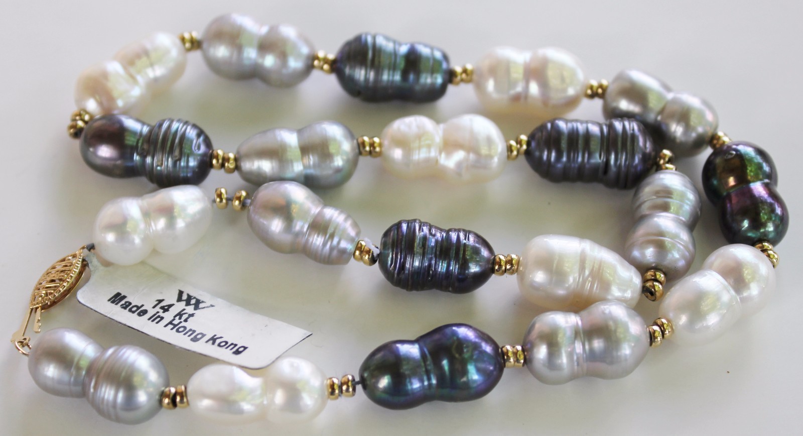 Huge 16 inch long ~ 11 x 18 mm Real Black Grey White Pearl Necklace ~ 14k Gold