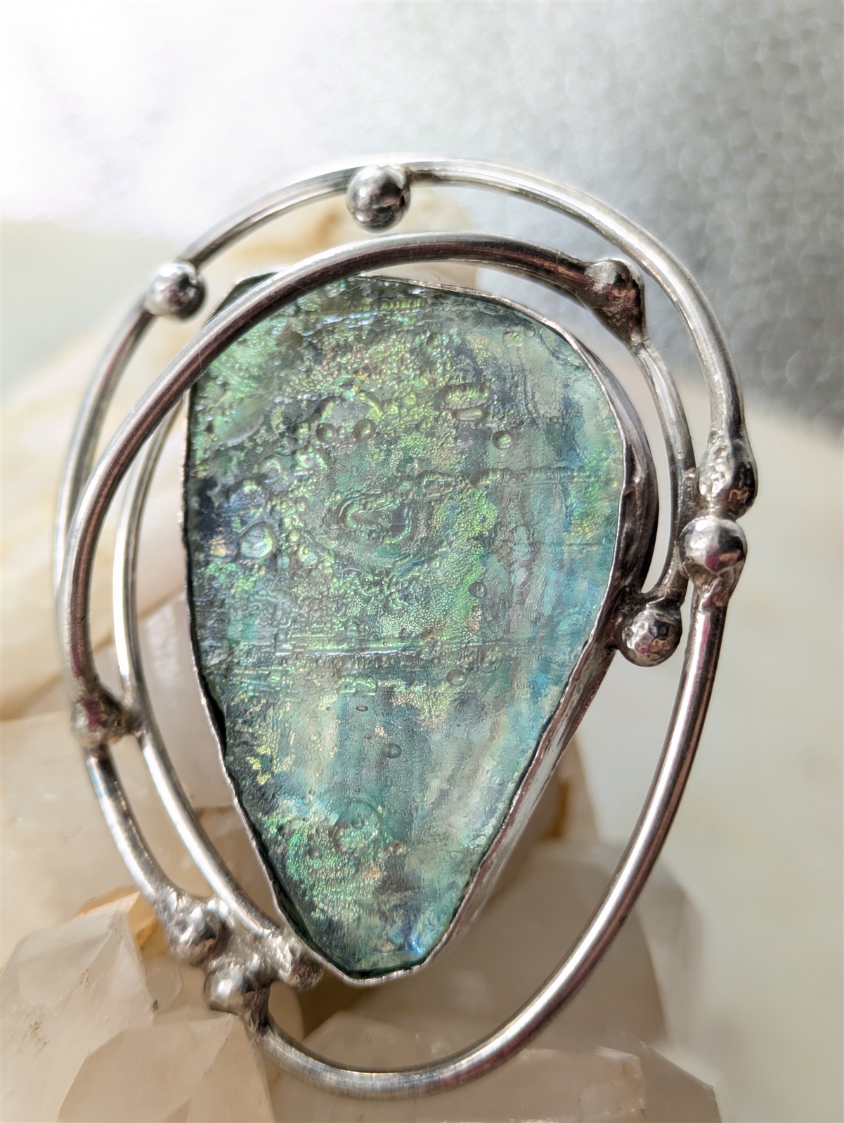 Vintage Solid Sterling Silver Blue Green Art Glass Brooch Pendant 11.7 Grams