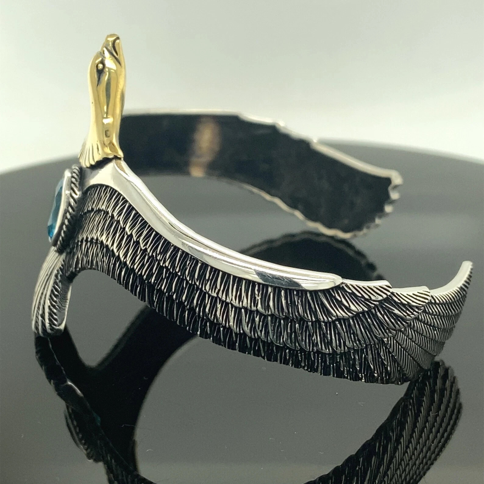 German Silver 925 Stamped Eagle Bracelet with Aquamarine Cuff Bangle