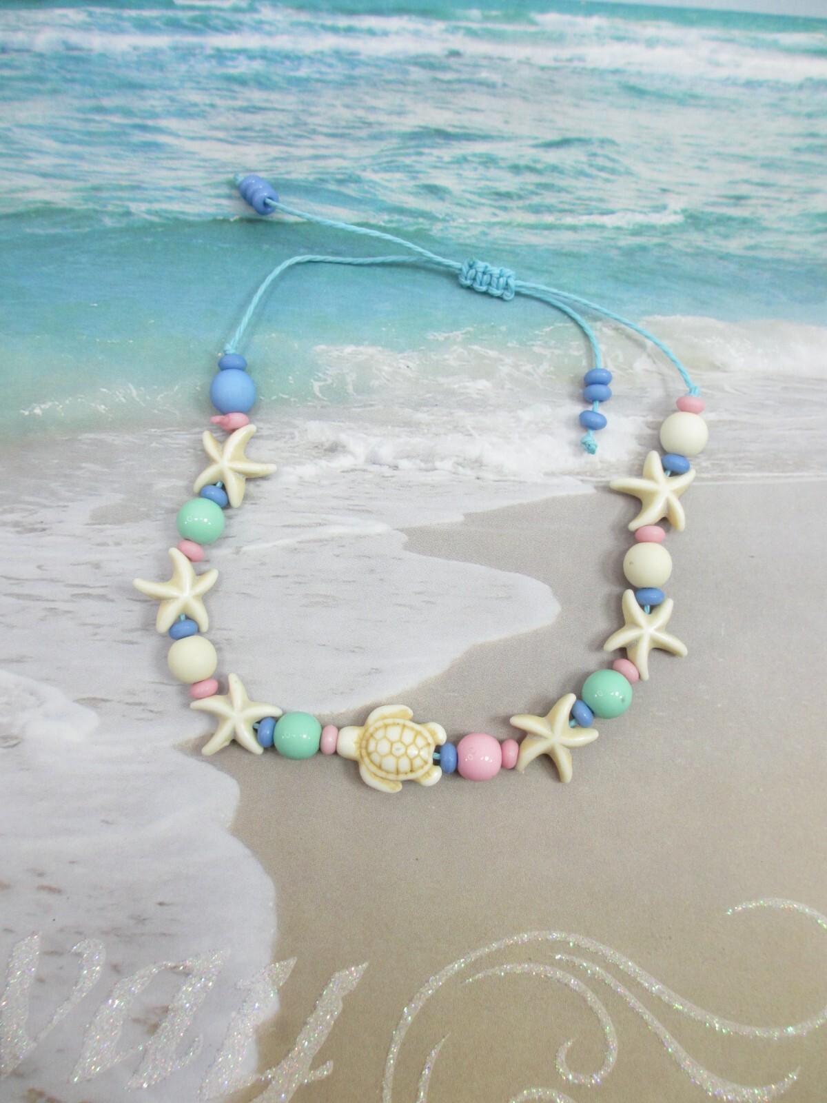 Beach Charm Anklet Turtle Ankle Bracelet Starfish Beaded Blue Raffia Adjustable