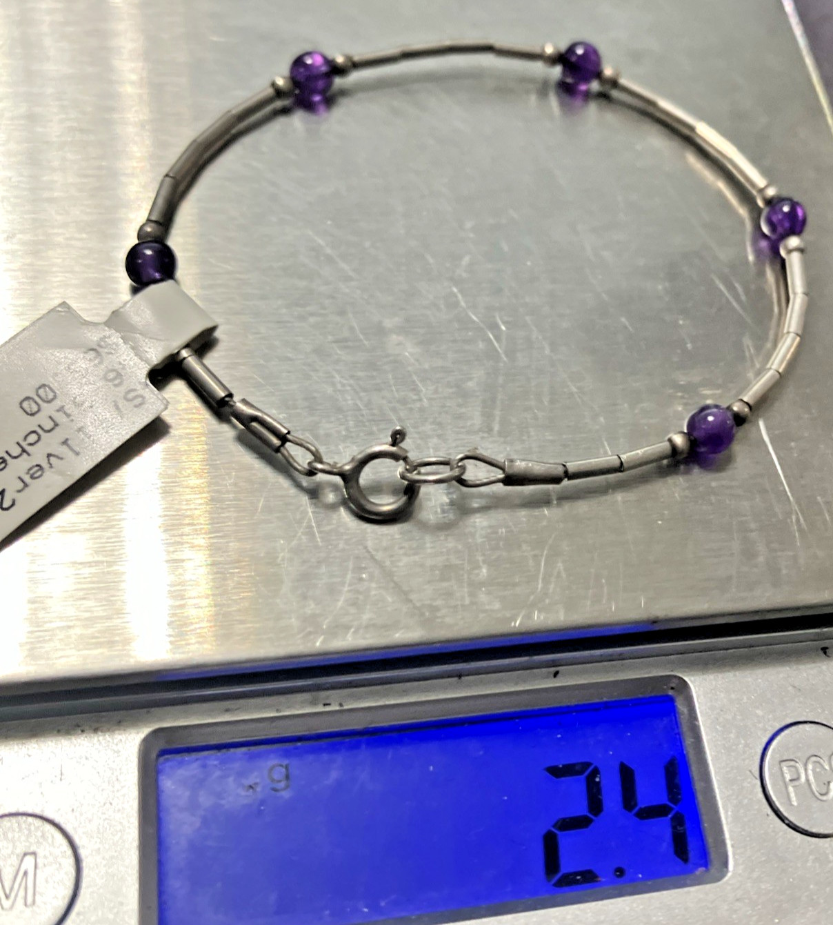 925 Sterling Silver Bracelet 2.4 Grams With Purple Beads 6.5 Inches Pre Owned