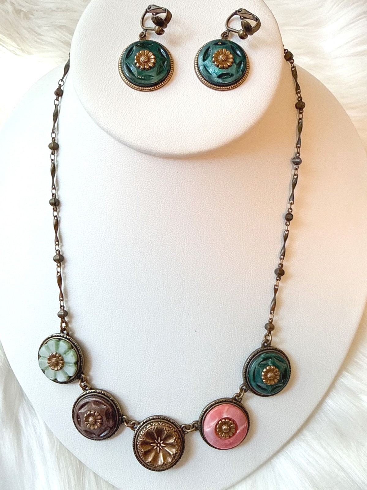 Grandmother’s Buttons Mother Of Pearl Antique Brass Amelia Necklace Earrings Set