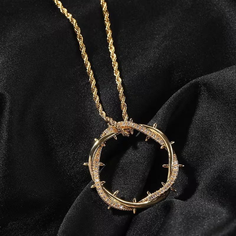 Gold Jesus Crown of Thorns Pendant Necklace Christian Faith Cross Chain Charm