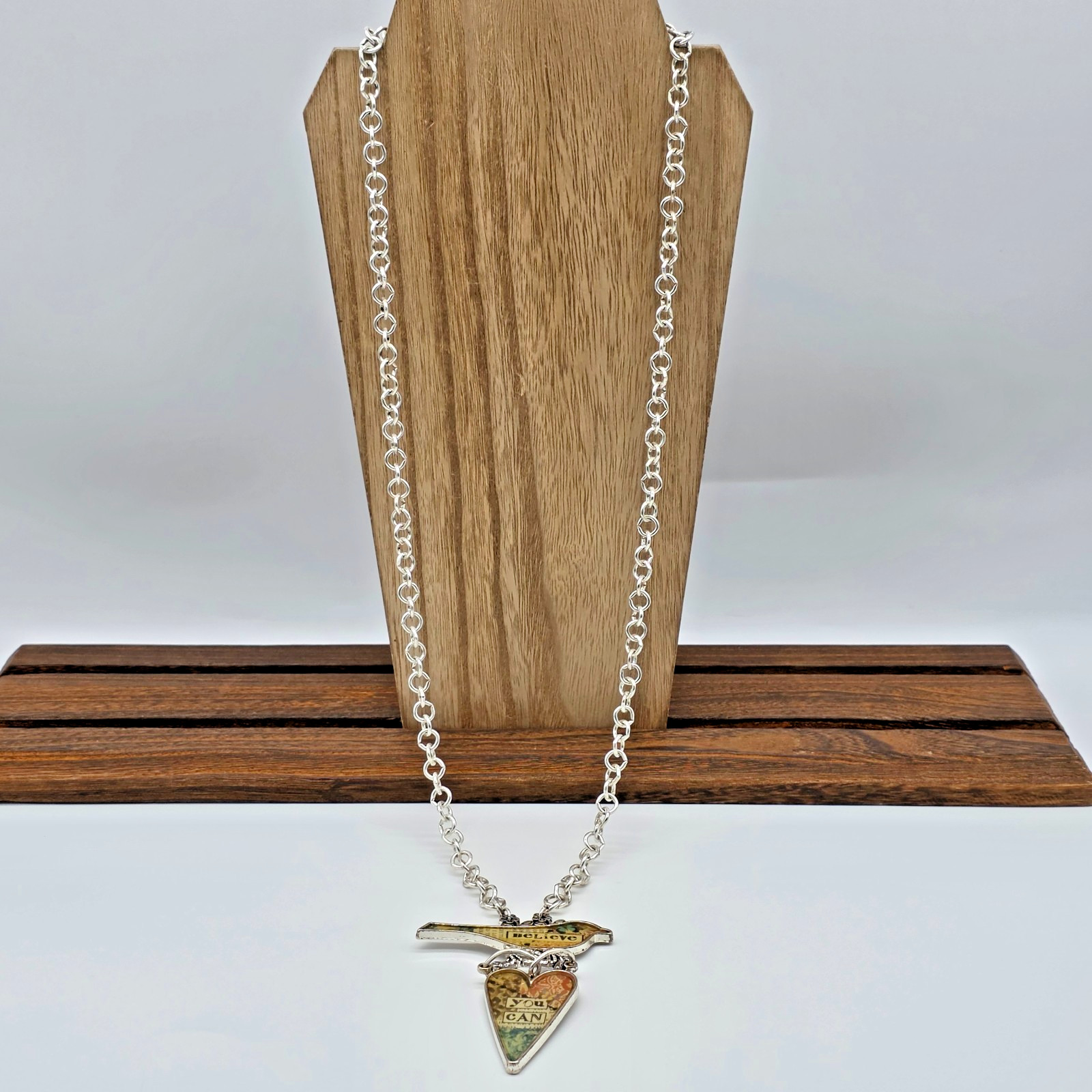 Plunder BELIEVE YOU CAN Silver Bird & Heart Pendant Mixed Media Necklace 30”