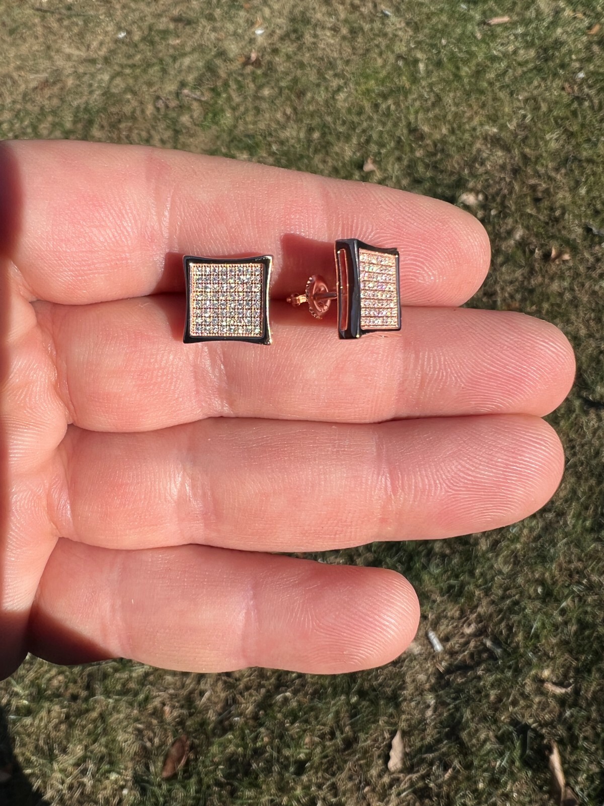 Square Kite Earrings Iced CZ Hip Hop Mens Ladies Real 14k Rose Gold Plated
