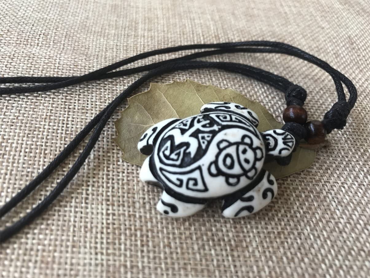 Lot of 2, White & Brown Wood Turtle Pendant Rope Necklace, Sun, Cotton Cord