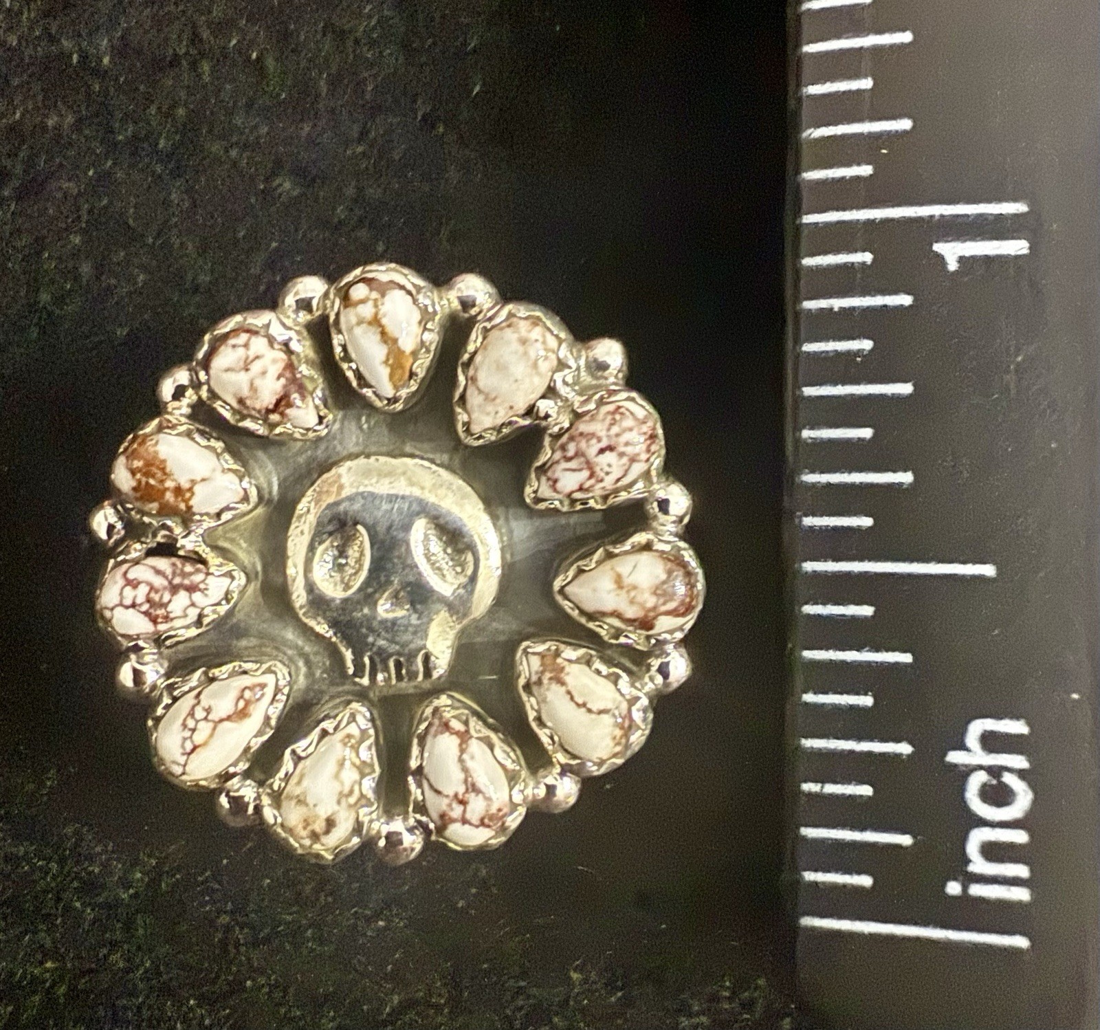 Southwestern Sterling Silver & Wild Horse Jasper Skull Ring Adjustable 7 Thru 10