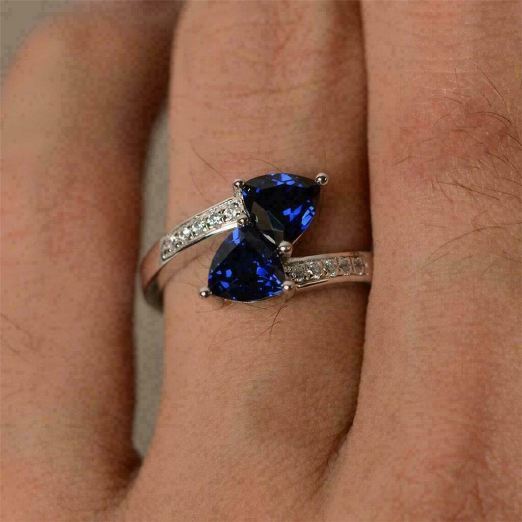 2.50Ct Trillion Blue Sapphire Two-Stone Engagement Ring 14K White Gold Plated