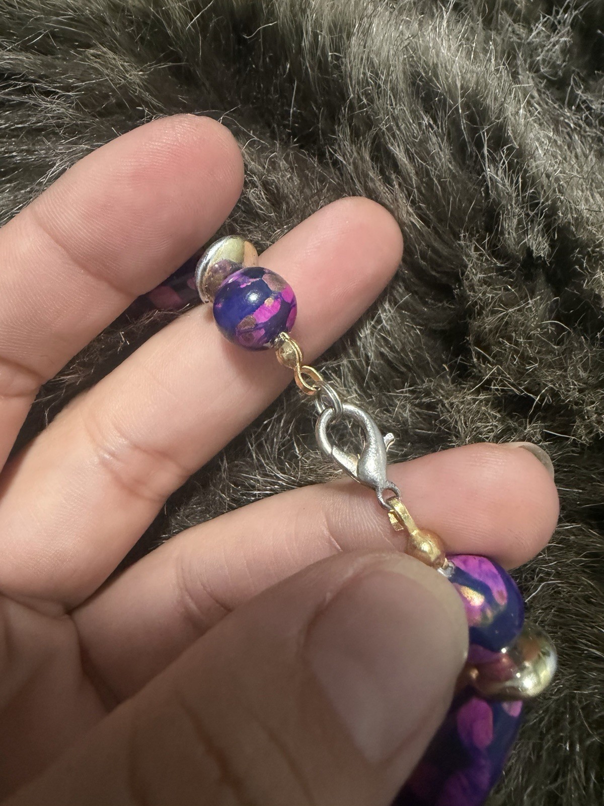 Beaded Necklace Ball/Bead Chain Round Purple & Blue Beads Lobster Clasp