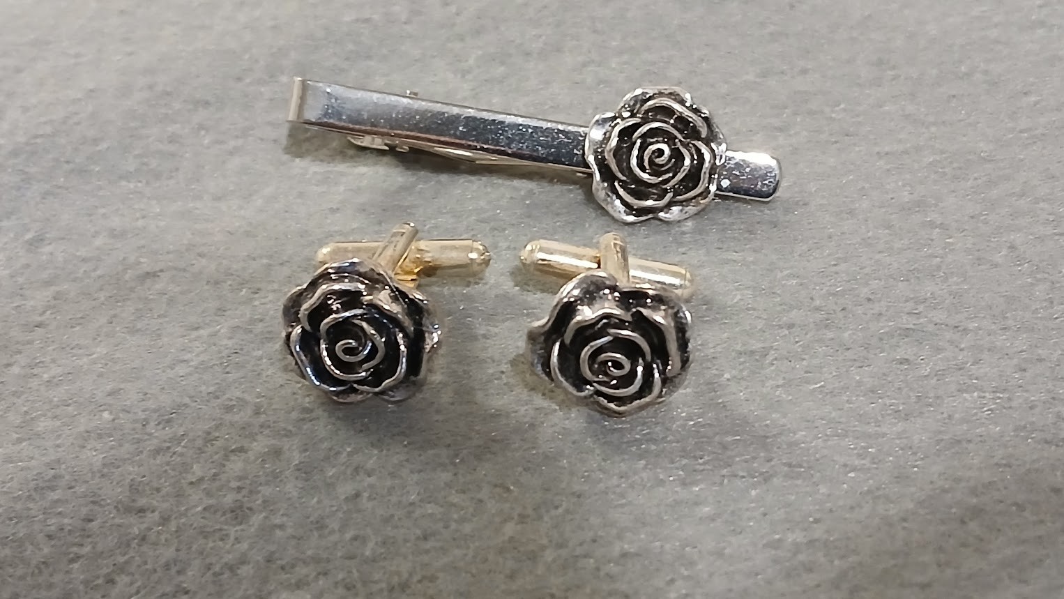 Antique Silver Rose Tie Clip Bar Cufflinks