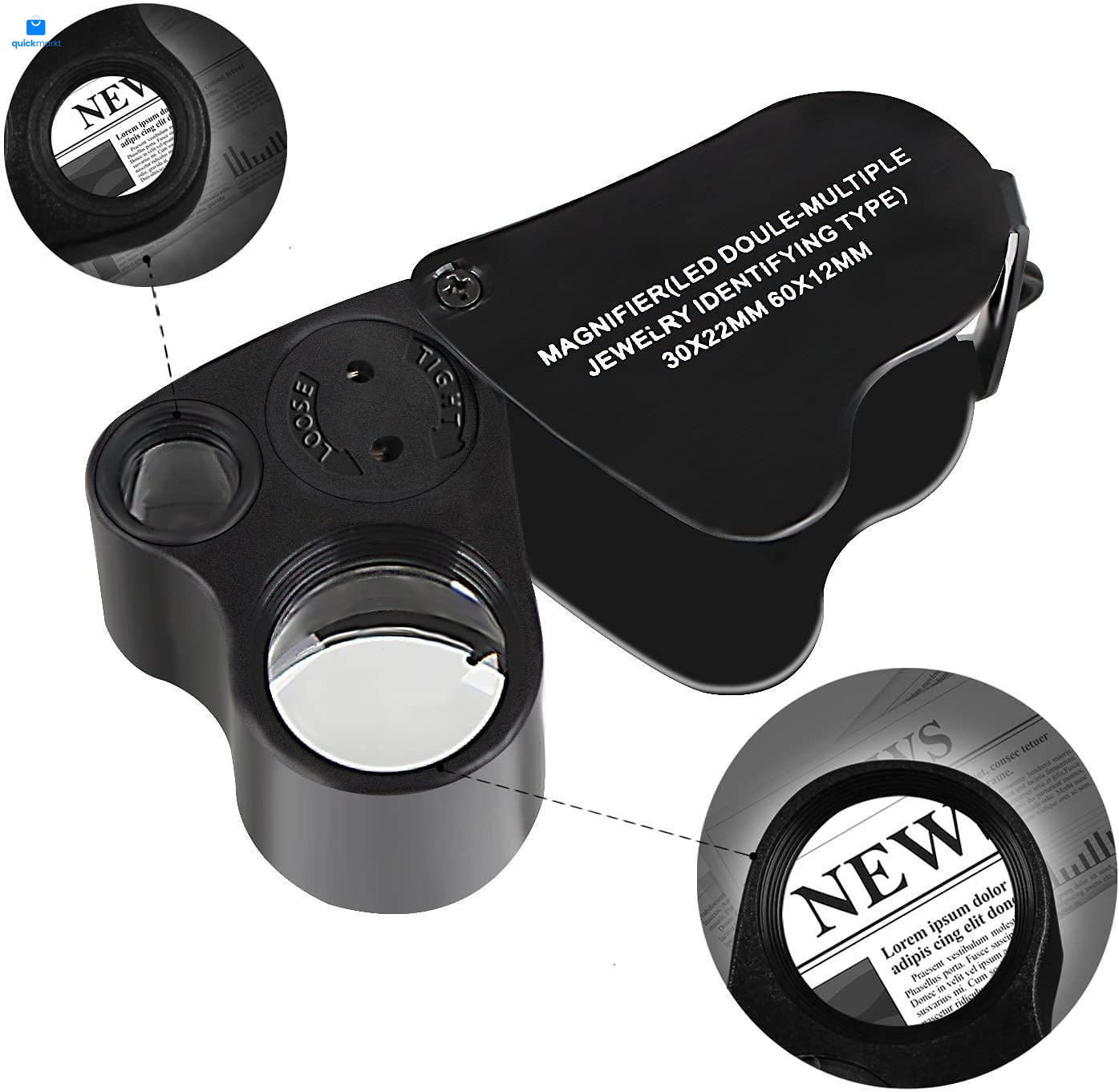 HMKIS Jewelers Loupe, 2 Pack Magnifying Glass with Light, 30X 60X 90X Black