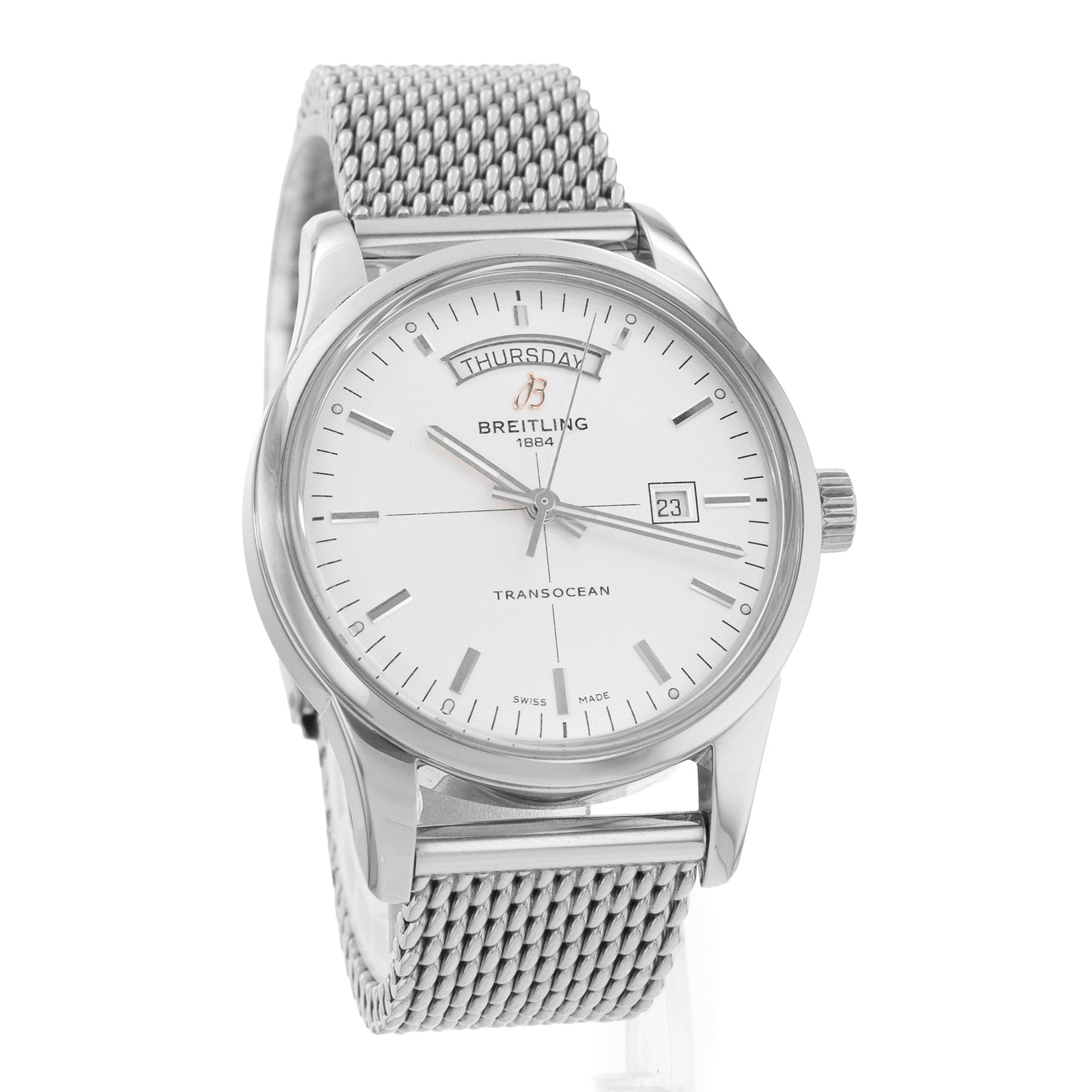 Breitling Transocean Day & Date A45310 43mm Silver Dial Steel Mens Watch 2015
