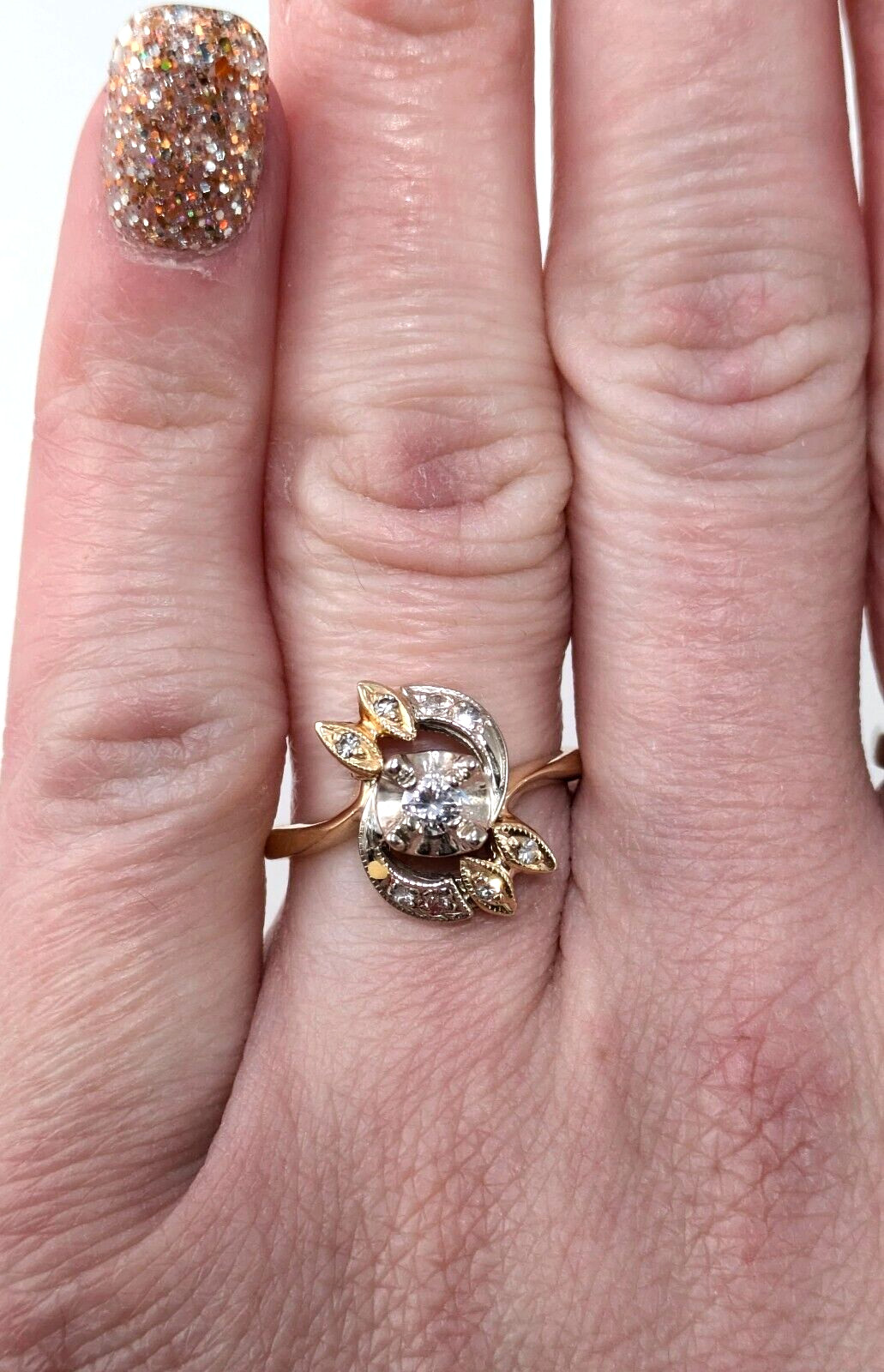 Vintage 14K Gold Approx. 15 Ct Diamond Art Nouveaux Engagement Ring Size 7