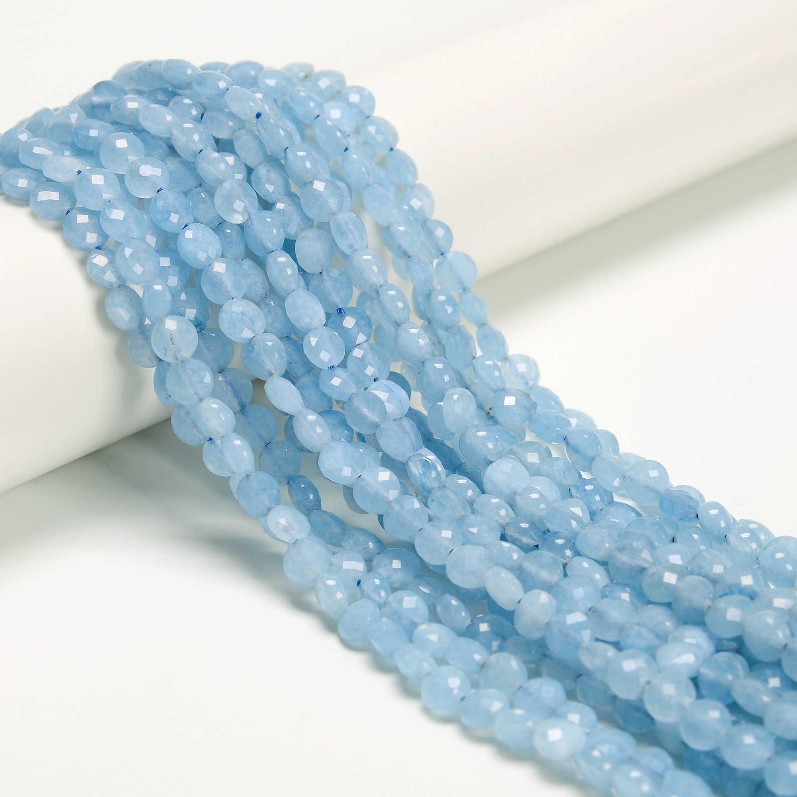 Aquamarine Color Dye Jade Faceted Coin Beads Size 6mm 15.5” Strand