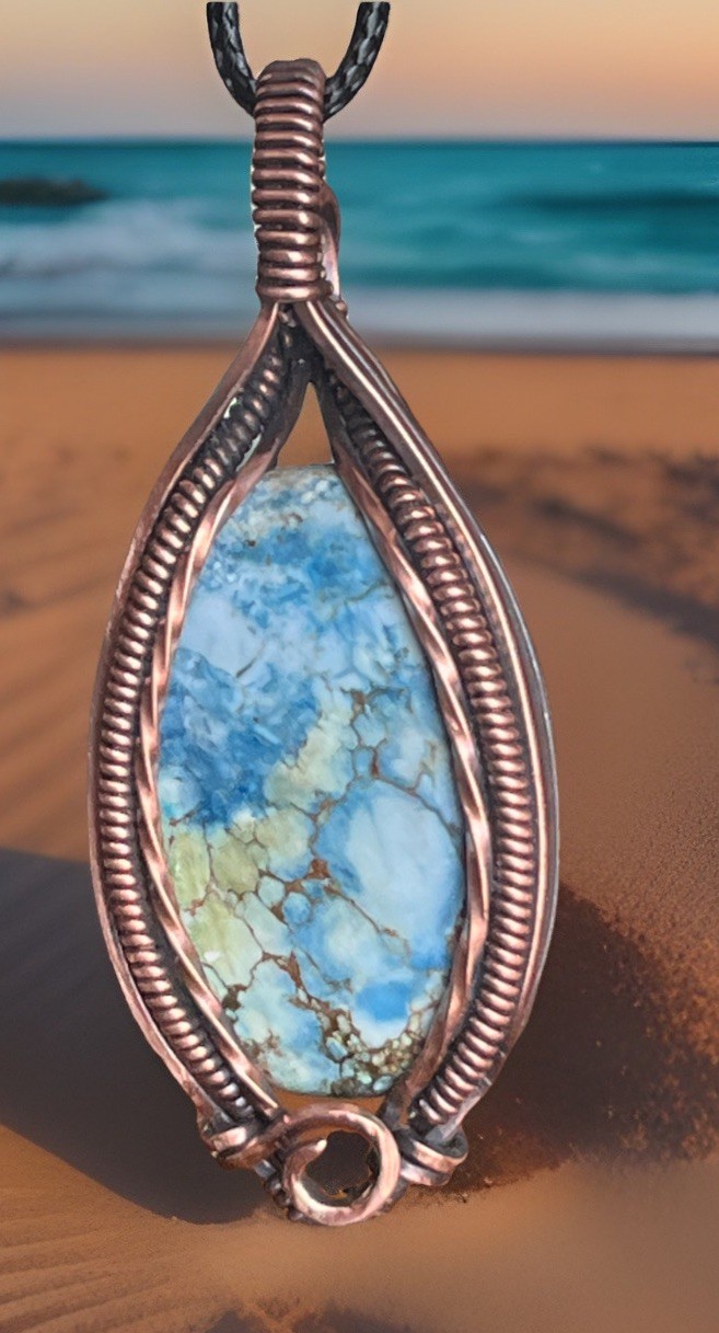 Blue Jasper (dyed) ~ Handmade Copper wire wrapped pendant jewelry 3g