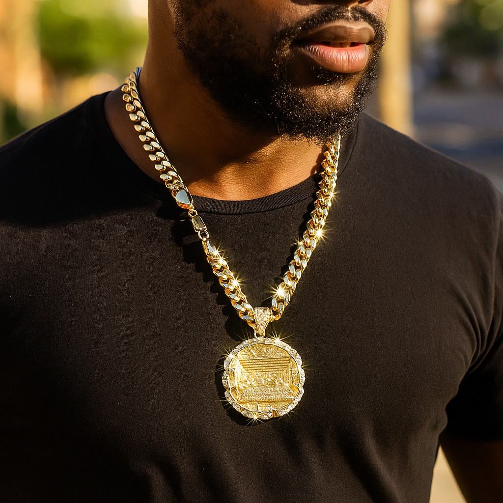 XL Last Supper Pendant Cubic Zirconia Iced Cuban Necklace Chain 14k Gold Plated