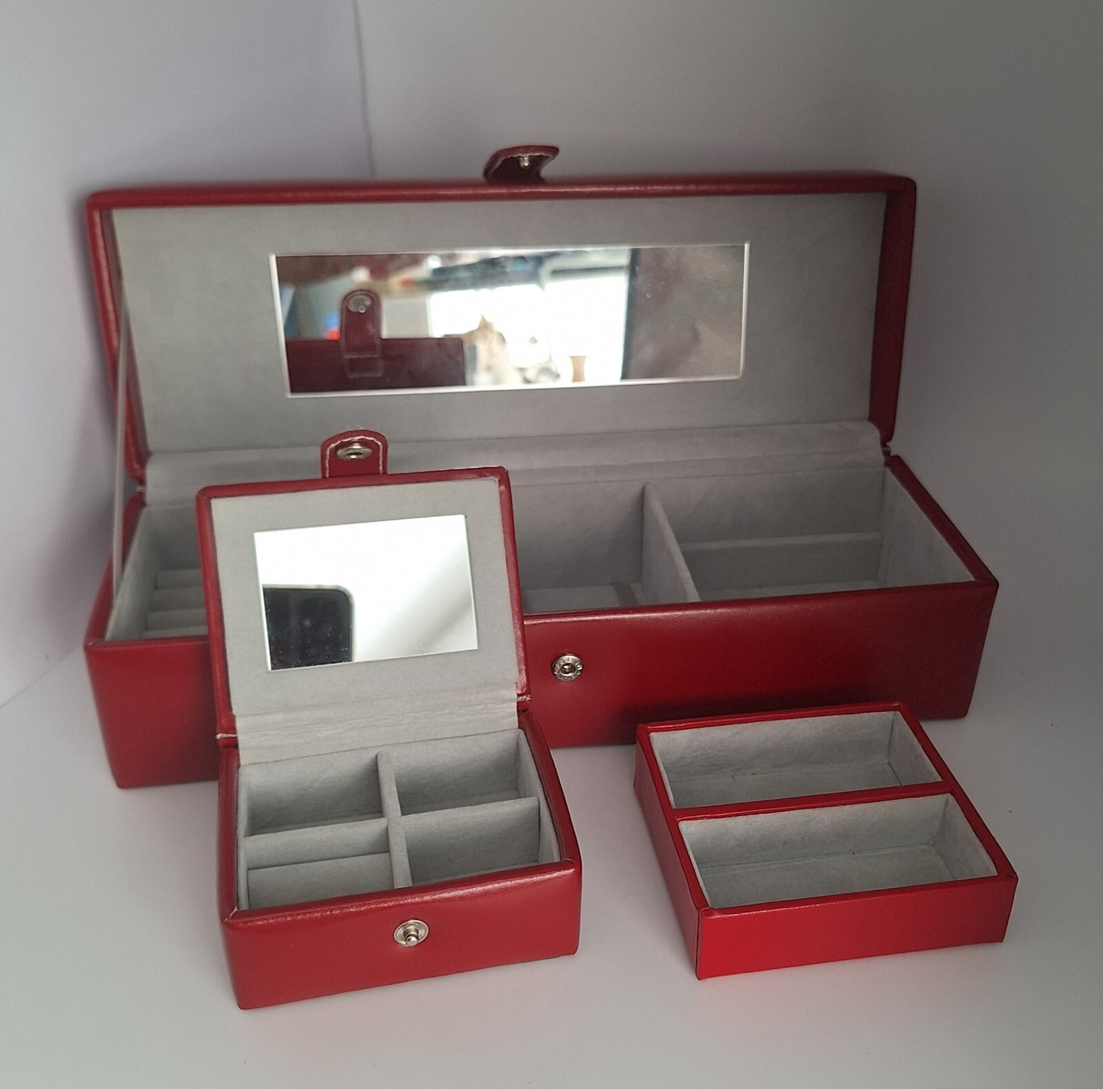 Red Faux Leather Jewelry Box 11″ 3 Piece Fabric Lined Travel Multi Compartment