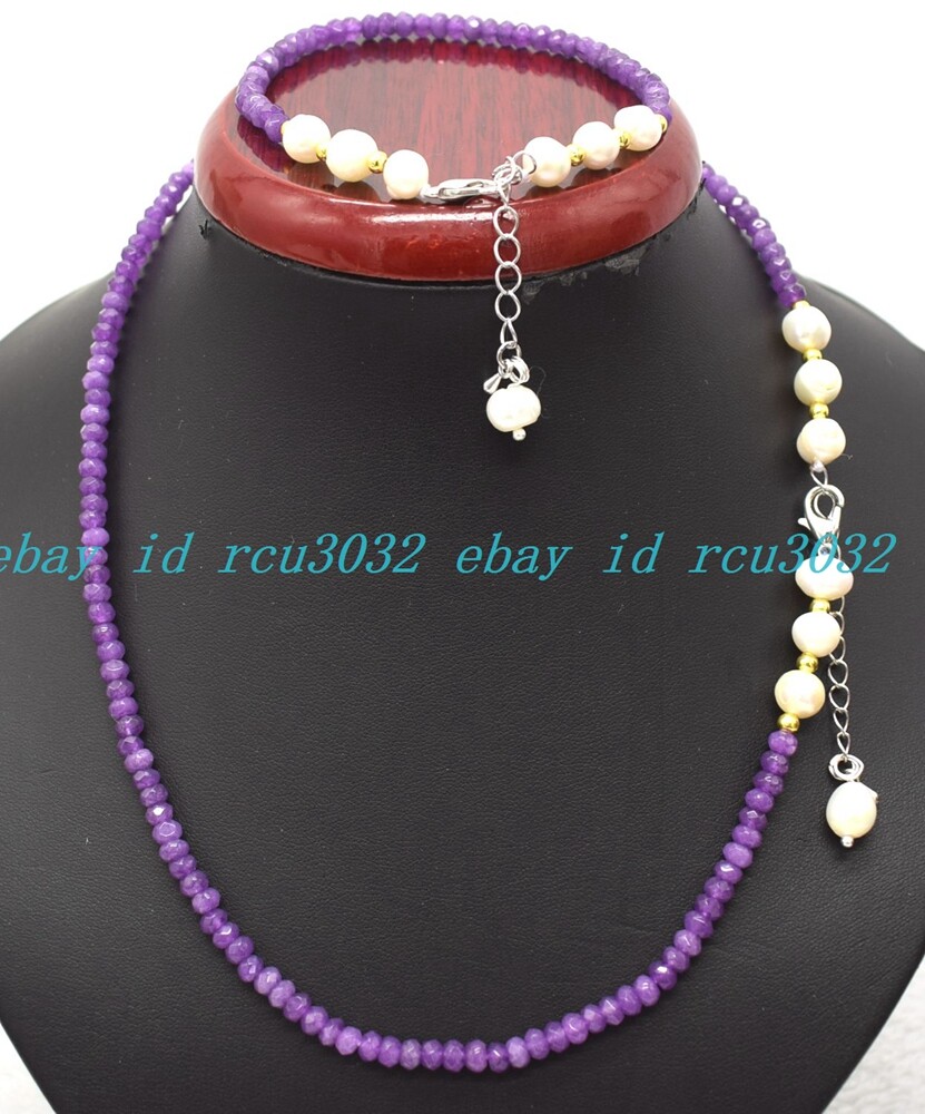 Faceted 2x4mm Multicolor Roundelle Gems & White Pearl Necklace Bracelet Set
