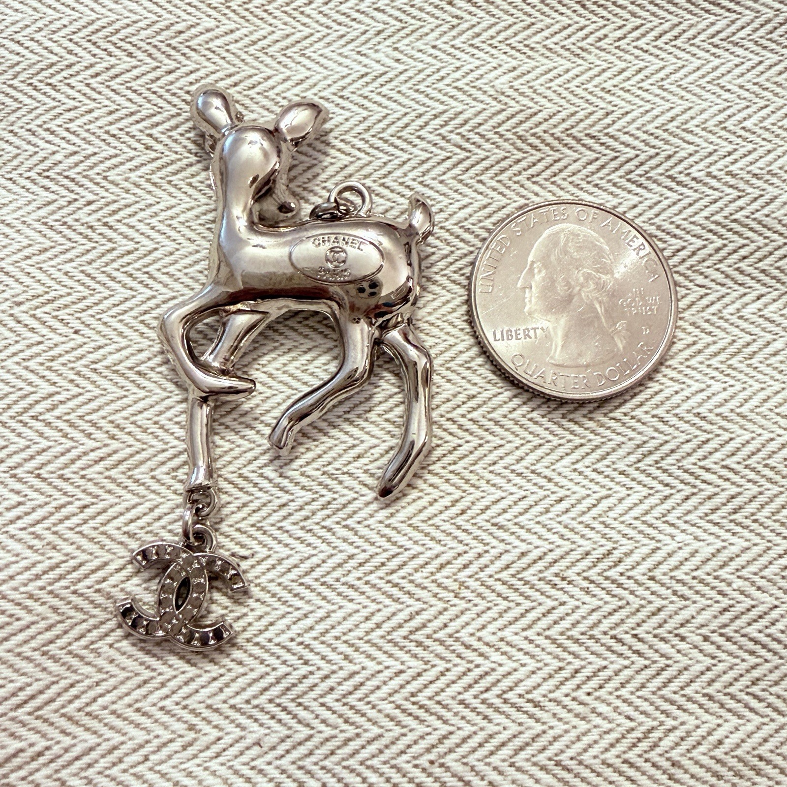 Designer Silver Tone & Rhinestone Deer Bag Charm Zipper Pull Pendant Large