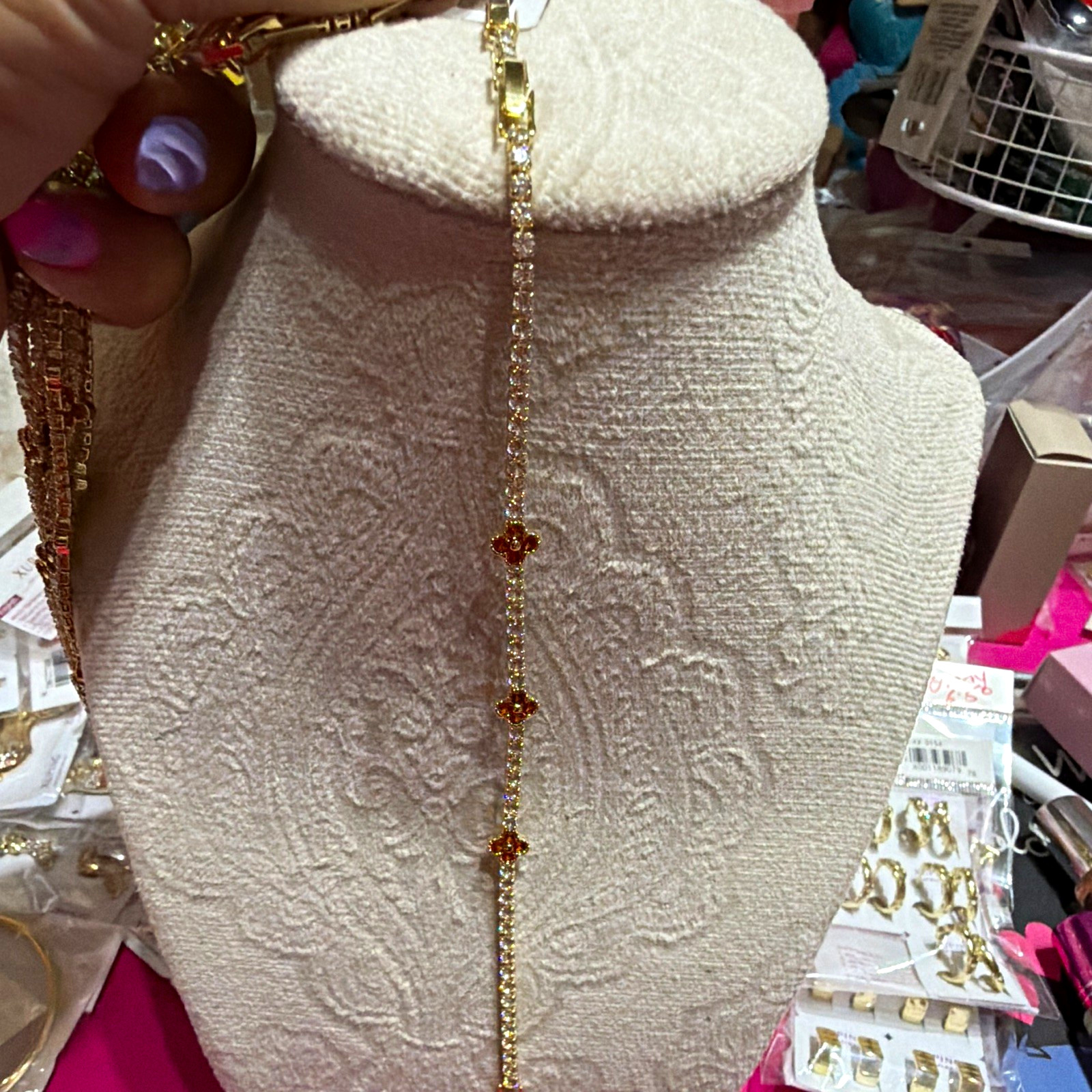 Gold Tone Metal Chain Necklace with Clover Stations Clear Crystal Accents