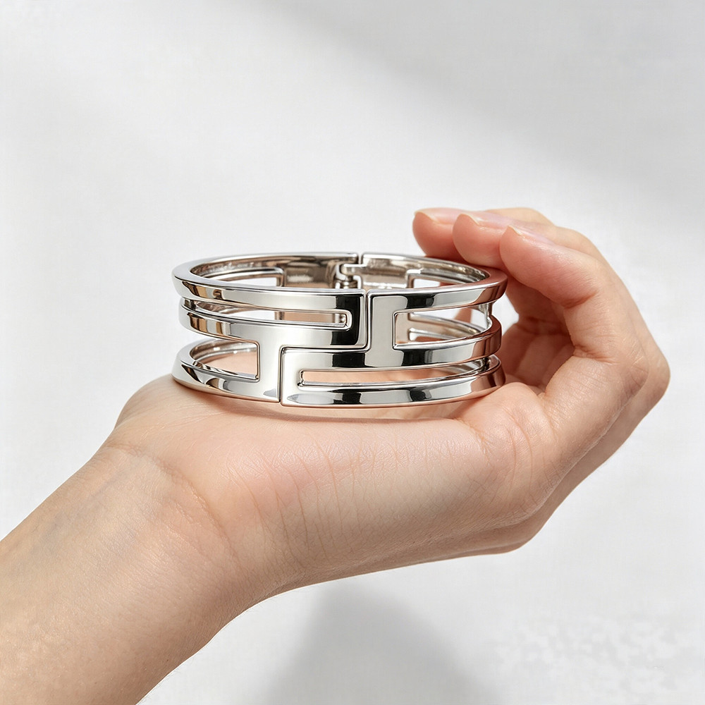 Silver Plated Alloy Geometric Hollow Cuff Bracelet Minimalist Bangle For Women