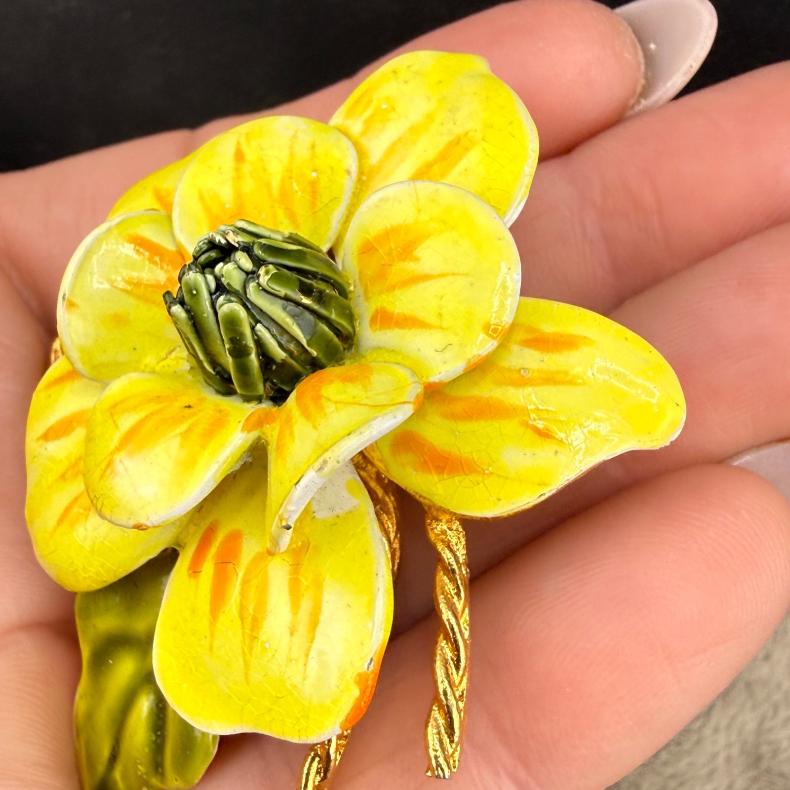 Vintage Enamel Flower Brooch Yellow Mod Pop Art