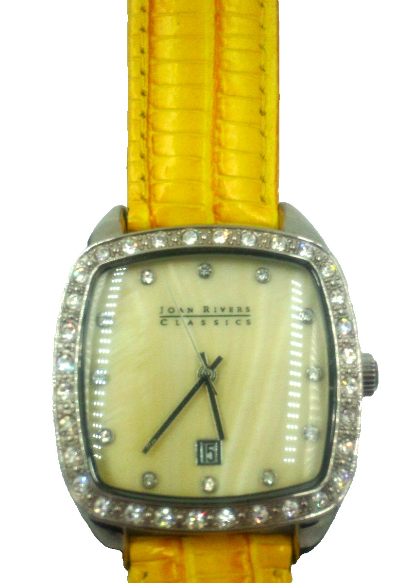 Joan Rivers Classics Yellow Leather Silver Tone CZ Watch V377 Needs Battery