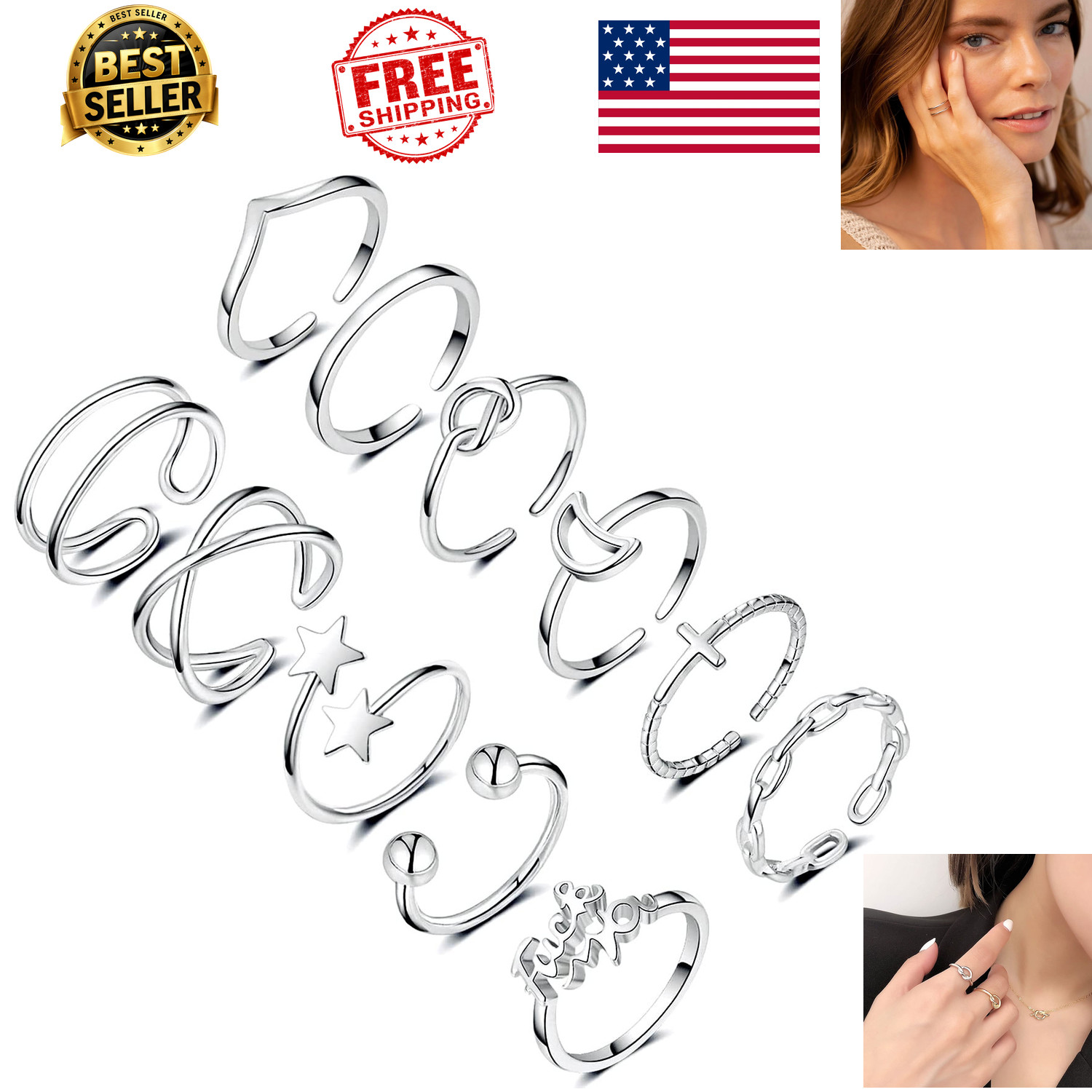 Honsny 11pcs Silver Stackable Adjustable Bands Hypoallergenic for Women Teens