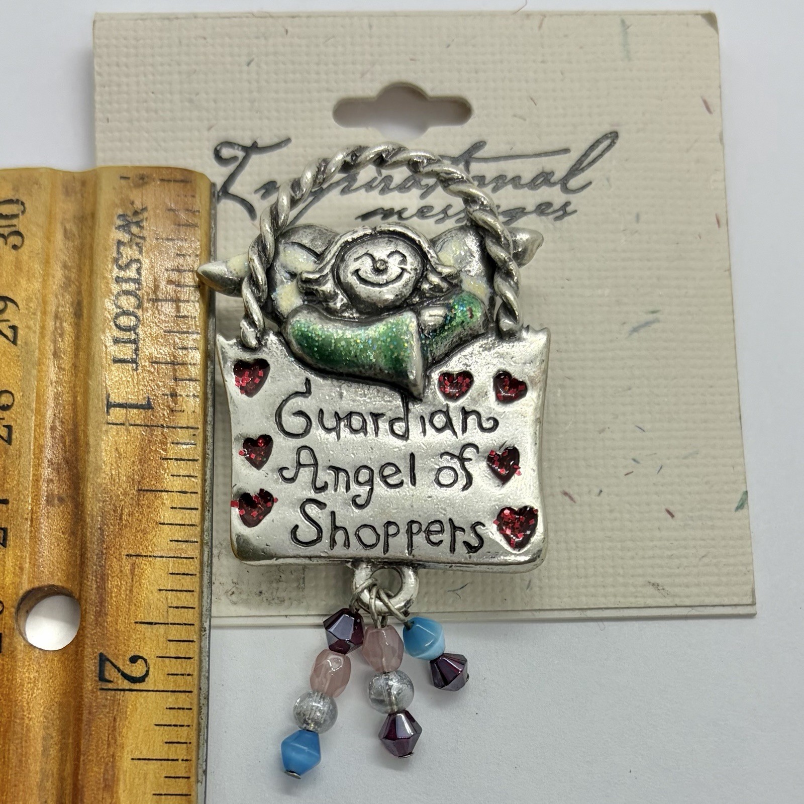 Vtg Signed 90’s Hearts Guardian Angel Shopping Brooch Dangle Glass Bead AJMC NEW