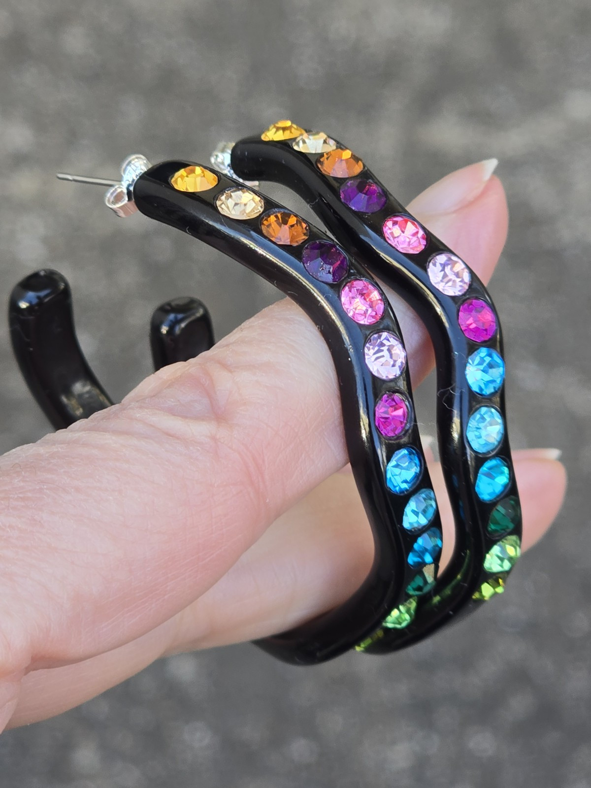Multi Color Rhinestones Black Acrylic Large Hoop Pierced Earrings