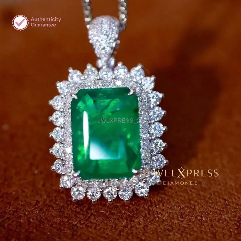 Handmade! 2.00CT Emerald Cut Natural Emerald & Diamond Halo Pendant 14k Gold