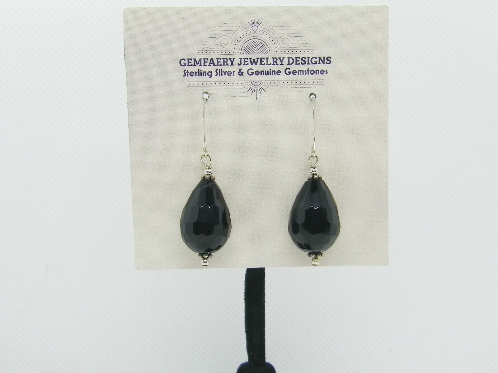 Sterling Silver Faceted BLACK ONYX Teardrop Dangle Earrings #2141…Handmade USA