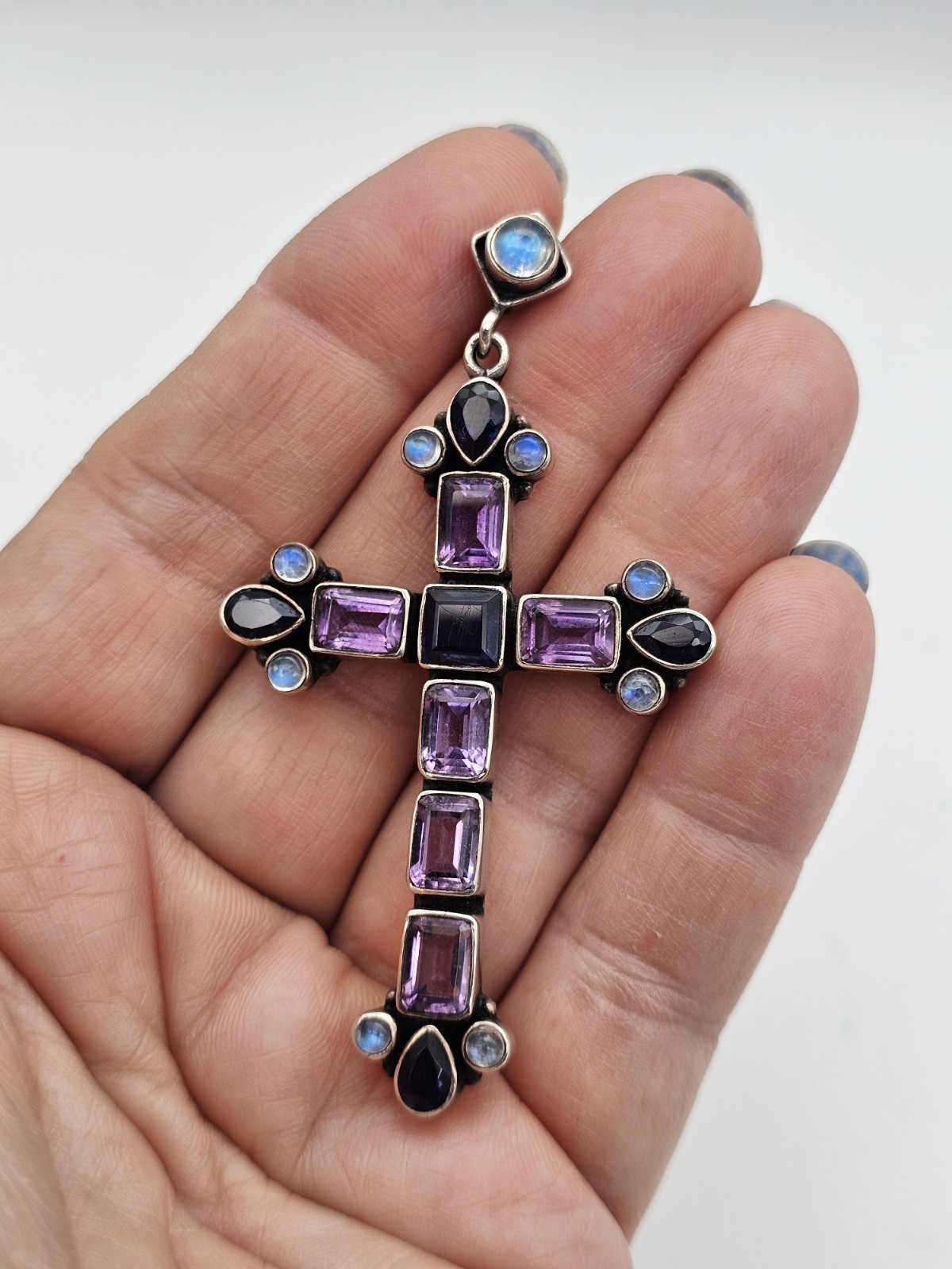 Nicky Butler 925 Silver Cross Pendant Amethyst Iolite Moonstone Signed India 11g