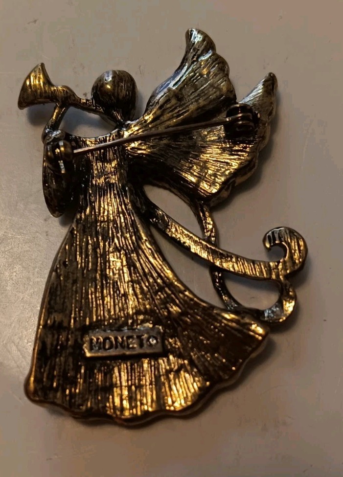 Vintage Monet Gold Tone Rhinestone Angel Playing Trumpet Brooch – 2 1/8 in.