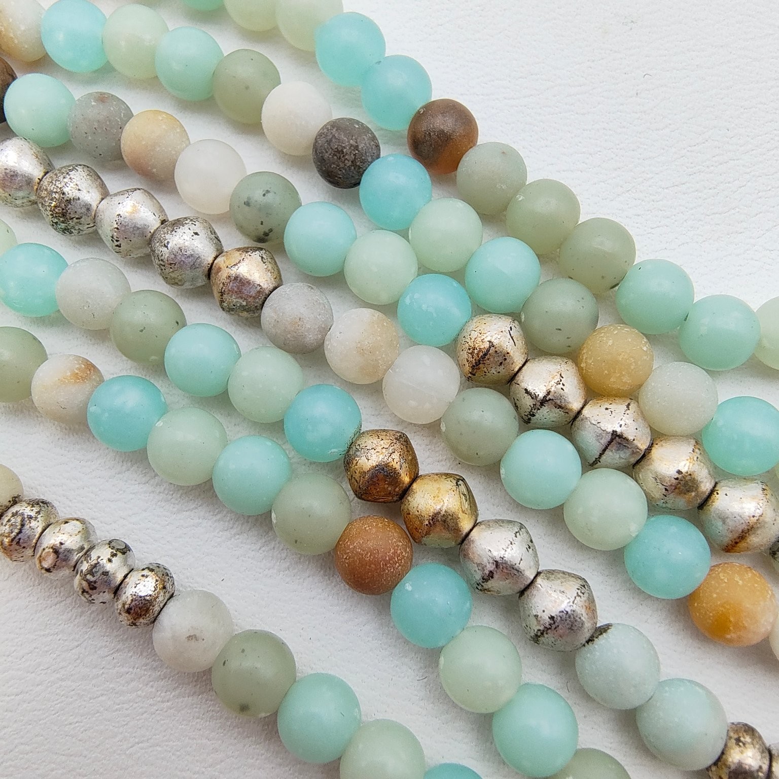Boho Multi-Strand Beaded Necklace 18″ Amazonite Jasper Silver Tone Statement