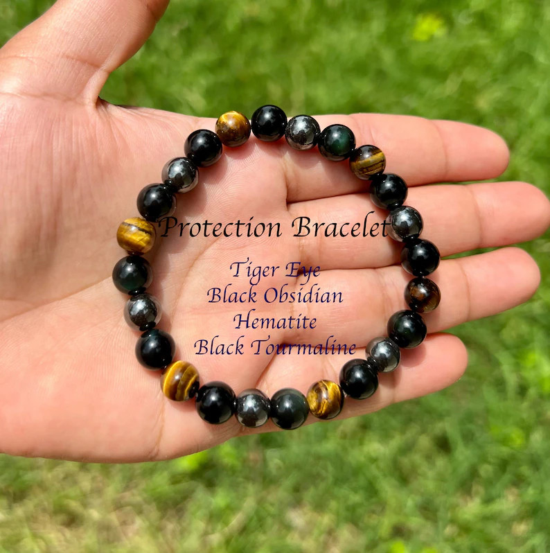 Obsidian Tiger Eye Hematite 10mm Beads Healing Triple Protection Men Bracelet