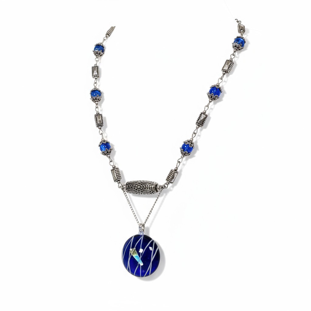 Blue hand made pendant blue bead silver tone finish necklace