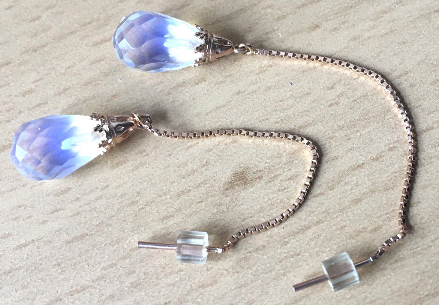 14K PINK ROSE GOLD MOONSTONE THREADER PULL THROUGH CHAIN DANGLE DROP EARRINGS