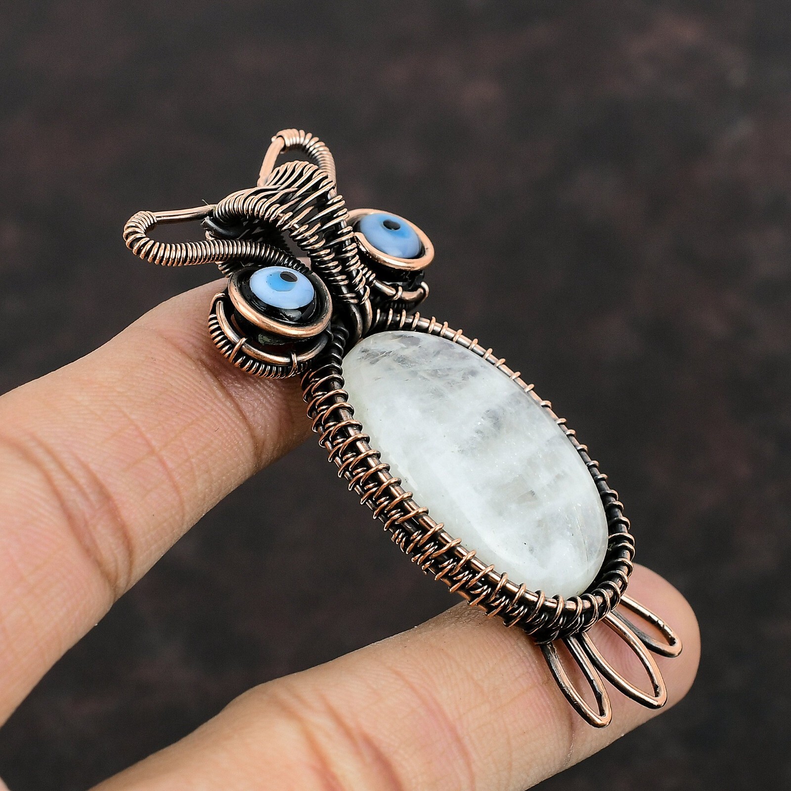 Rainbow Moonstone Wire Wrapped Owl Pendant Handcrafted Copper Ethnic 2.76″