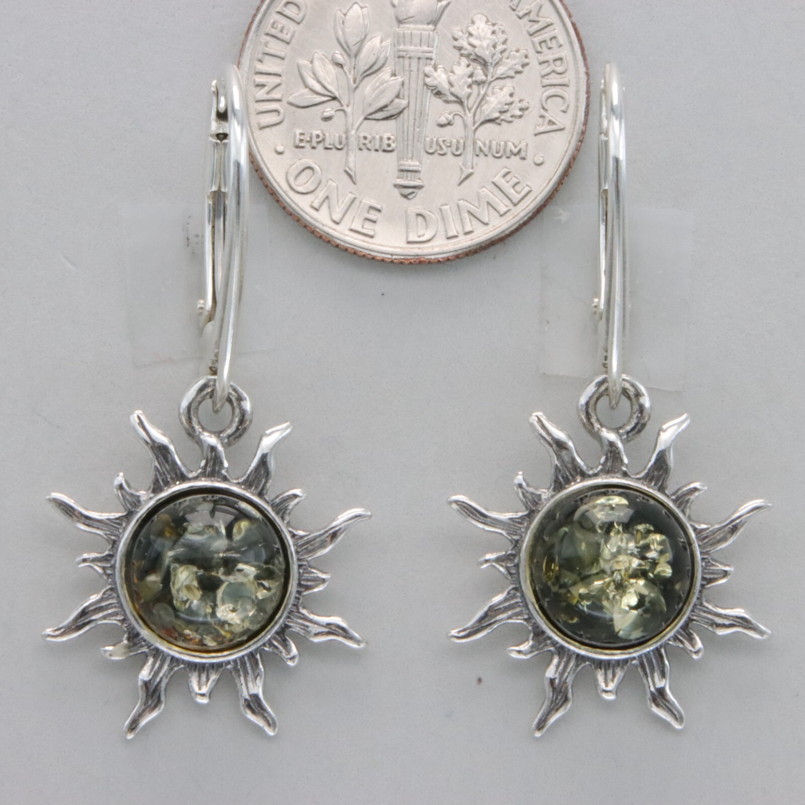 Round Green BALTIC AMBER Sun Dangle Leveback Earrings 925 STERLING SILVER #3633e