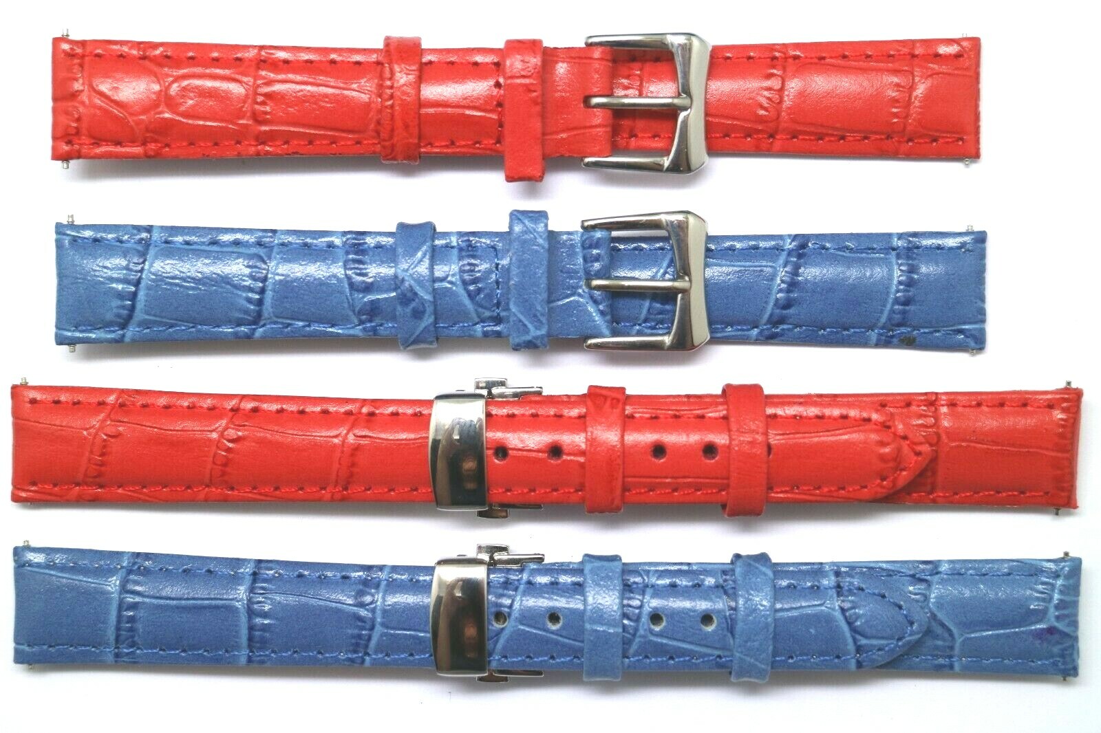 14mm 16mm Blue or Red Croco Embossed Leather Watch Band With Silver Tone Buckle