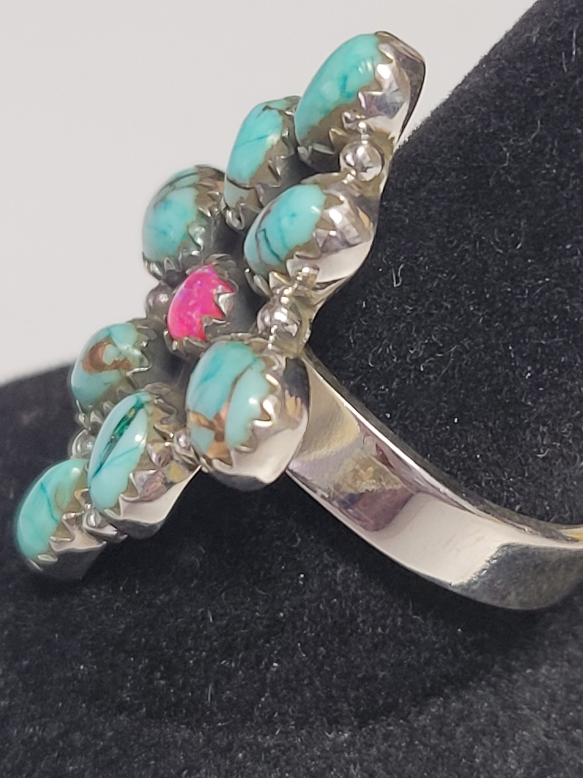 Mint dahlia & pink lab opal adjustable ring – SS 925-handmade- full silver back