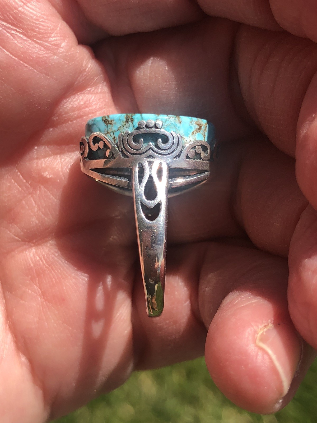 .925 Sterling Silver & Turquoise Handmade Ring 34 Carat GIE Cert. Adjustable