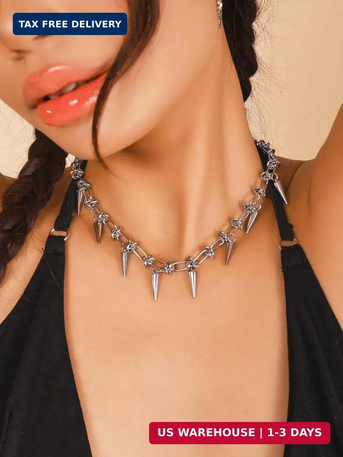 Sacina Silver-tone Chunky Chain Spike Choker, Emo Punk Grunge Necklace, Goth Y2k